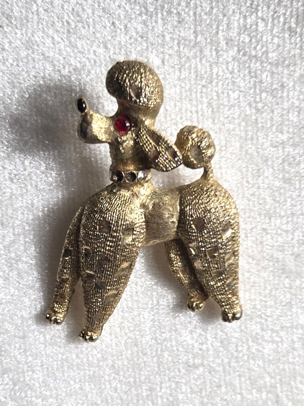 Mamselle Poodle Brooch, 60s Textured Gold Tone Dog Pin, Red Rhinestone Eye